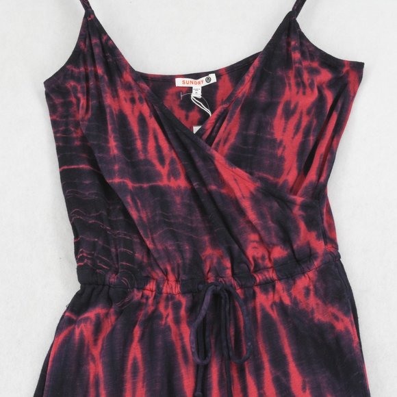 Sundry Jogger Jumpsuit Women V-Neck Sleeveless Tie Dye Drawstring Waist Red Navy - Picture 4 of 8
